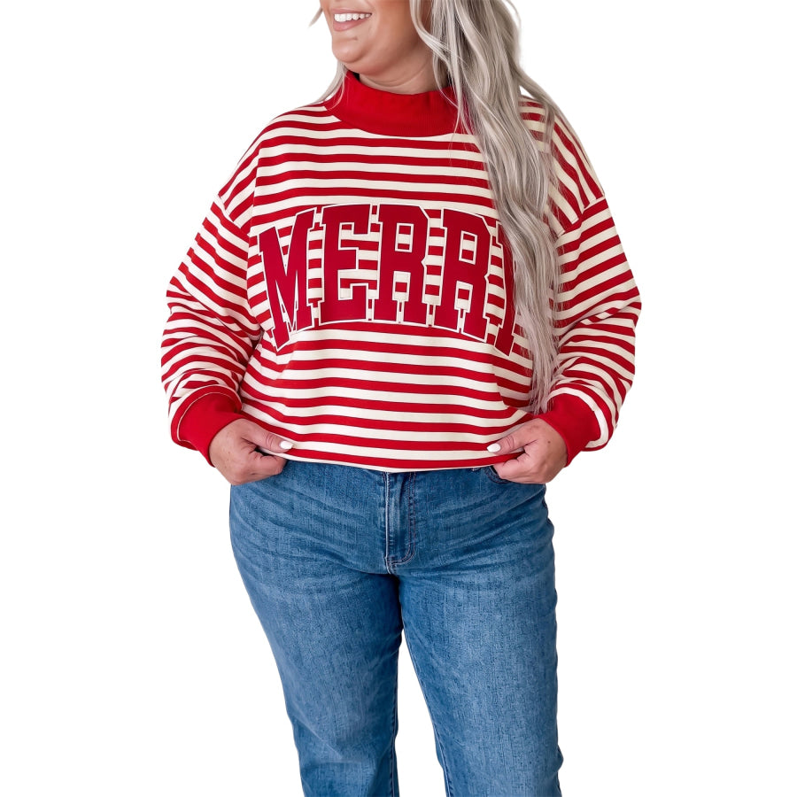Red Stripe Plus Size MERRY Festive Letter Embroidery Patched Graphic Pullover Sweatshirt Size/Plus Sweatshirts & Hoodies