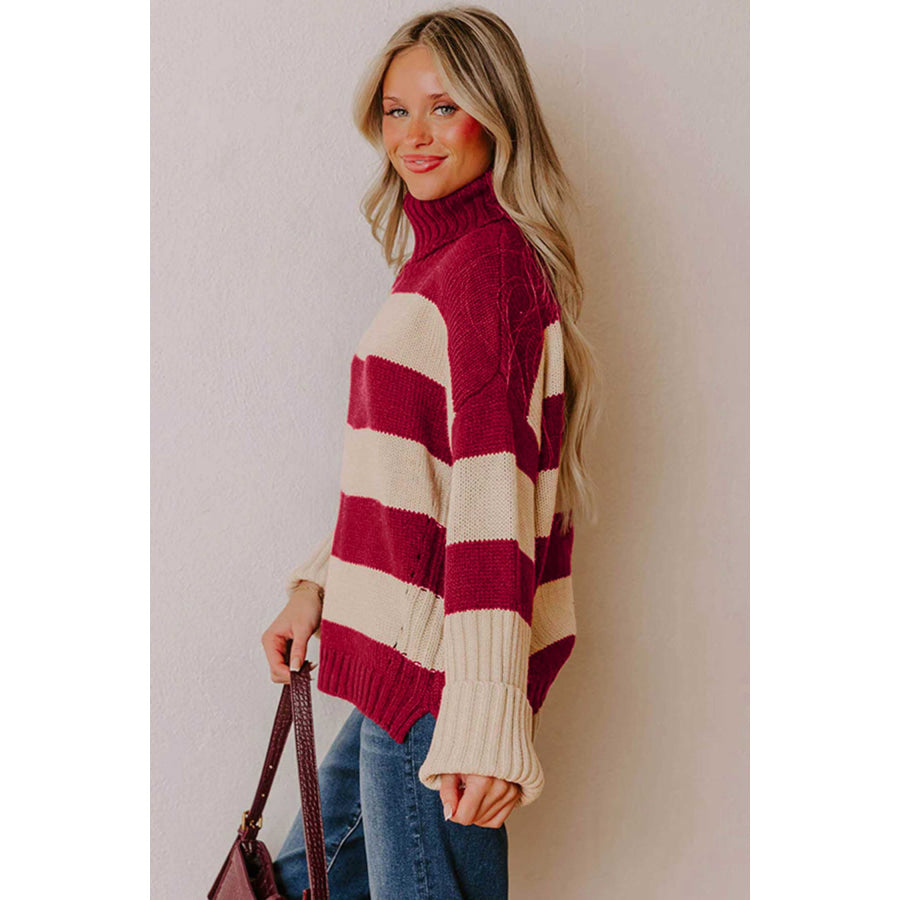 Red Stripe Ribbed Trim High Neck Relaxed Pullover Sweater Sweaters & Cardigans/Sweaters
