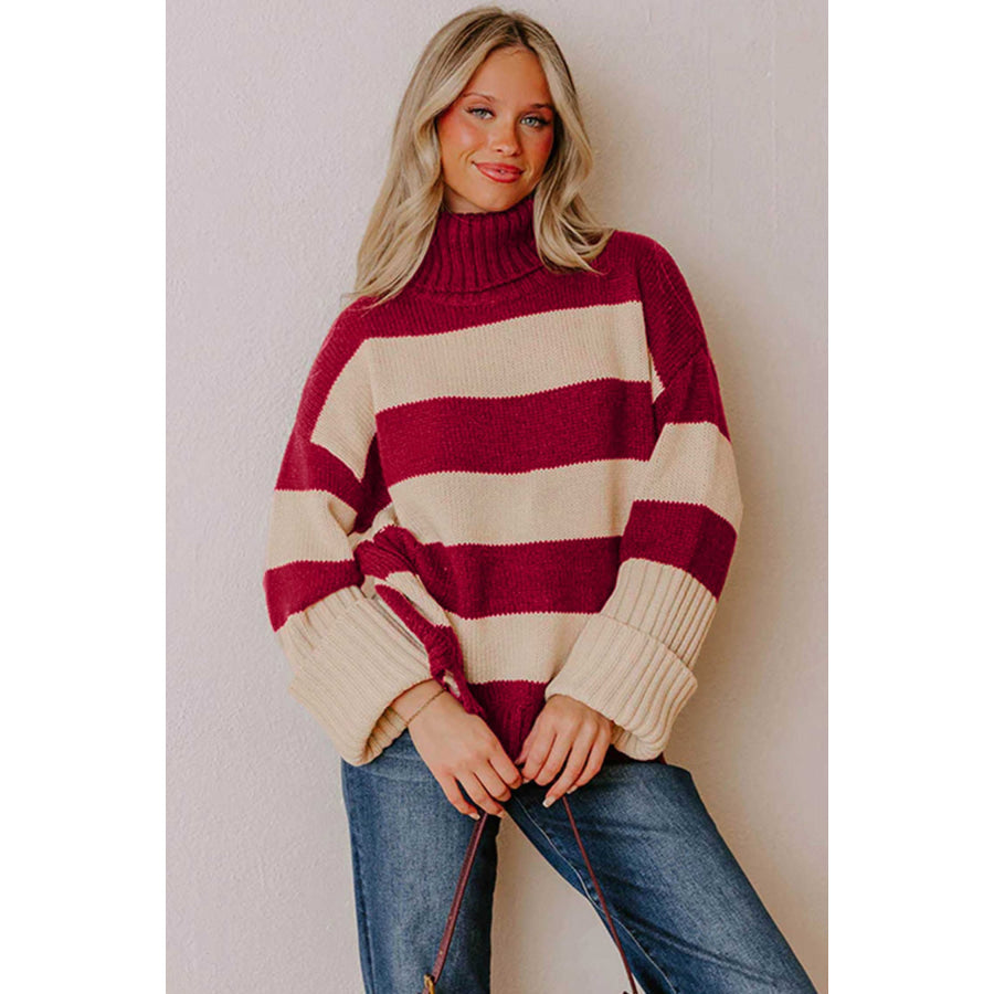 Red Stripe Ribbed Trim High Neck Relaxed Pullover Sweater Sweaters & Cardigans/Sweaters