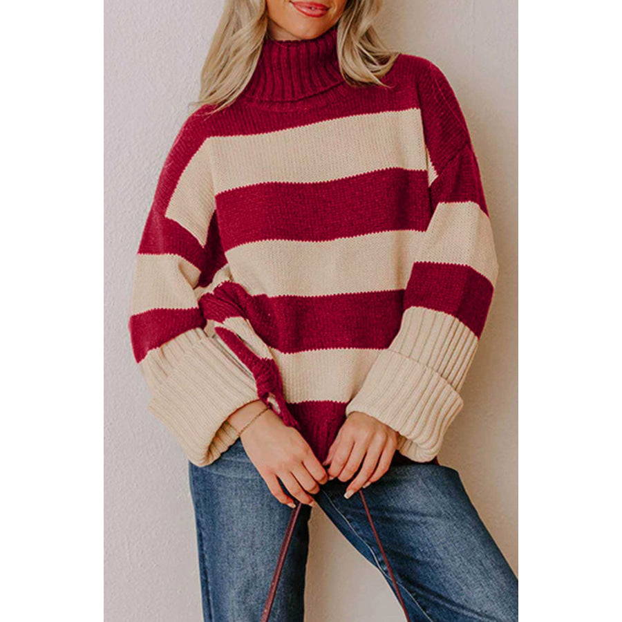 Red Stripe Ribbed Trim High Neck Relaxed Pullover Sweater Sweaters & Cardigans/Sweaters