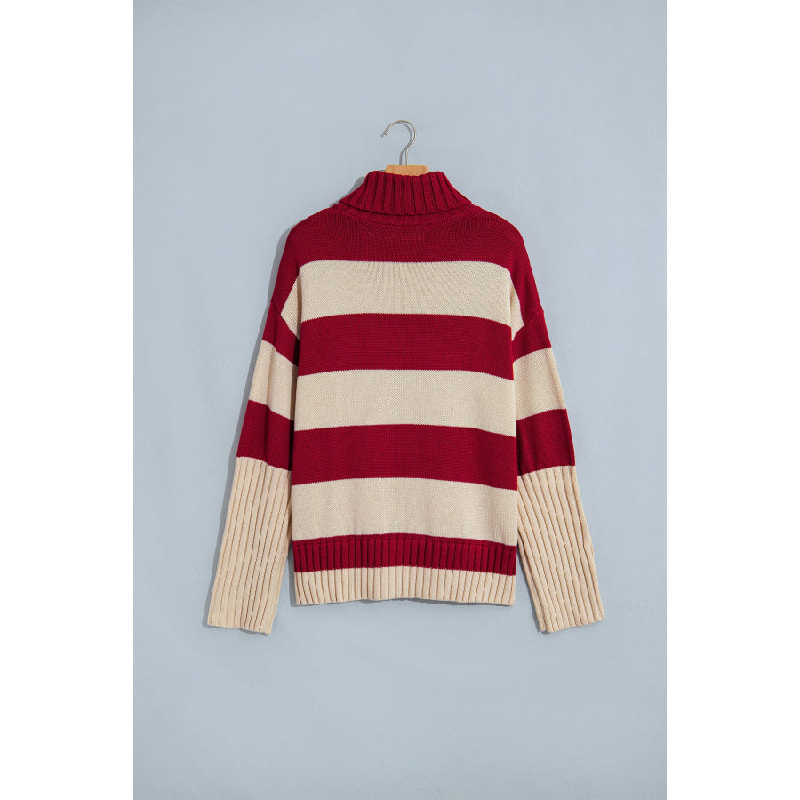 Red Stripe Ribbed Trim High Neck Relaxed Pullover Sweater Sweaters & Cardigans/Sweaters