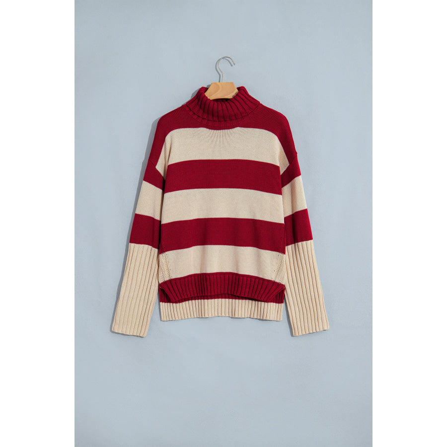 Red Stripe Ribbed Trim High Neck Relaxed Pullover Sweater Sweaters & Cardigans/Sweaters