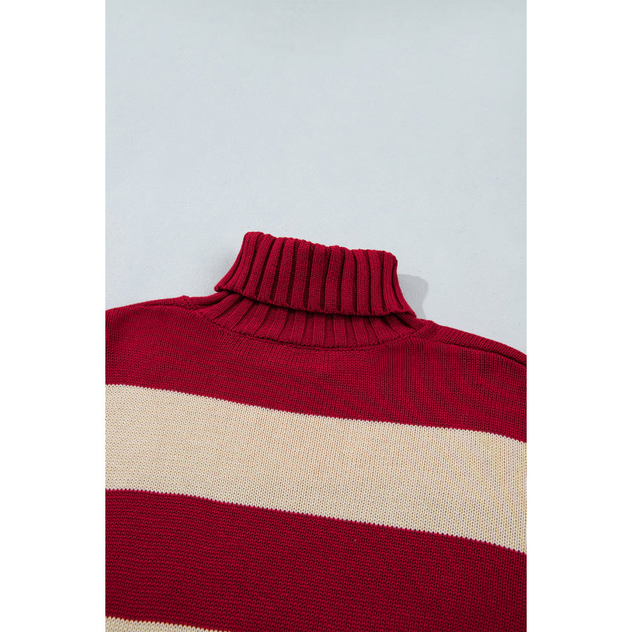 Red Stripe Ribbed Trim High Neck Relaxed Pullover Sweater Sweaters & Cardigans/Sweaters