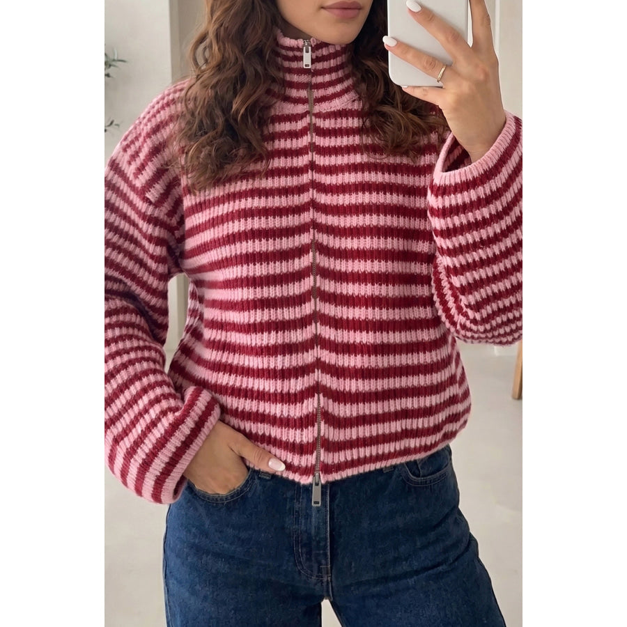 Red Stripe Striped High Neck Zip-up Sweater Long Sleeve Casual Fit Drop Shoulder Open Front Cardigan Sweaters & Cardigans/Sweaters