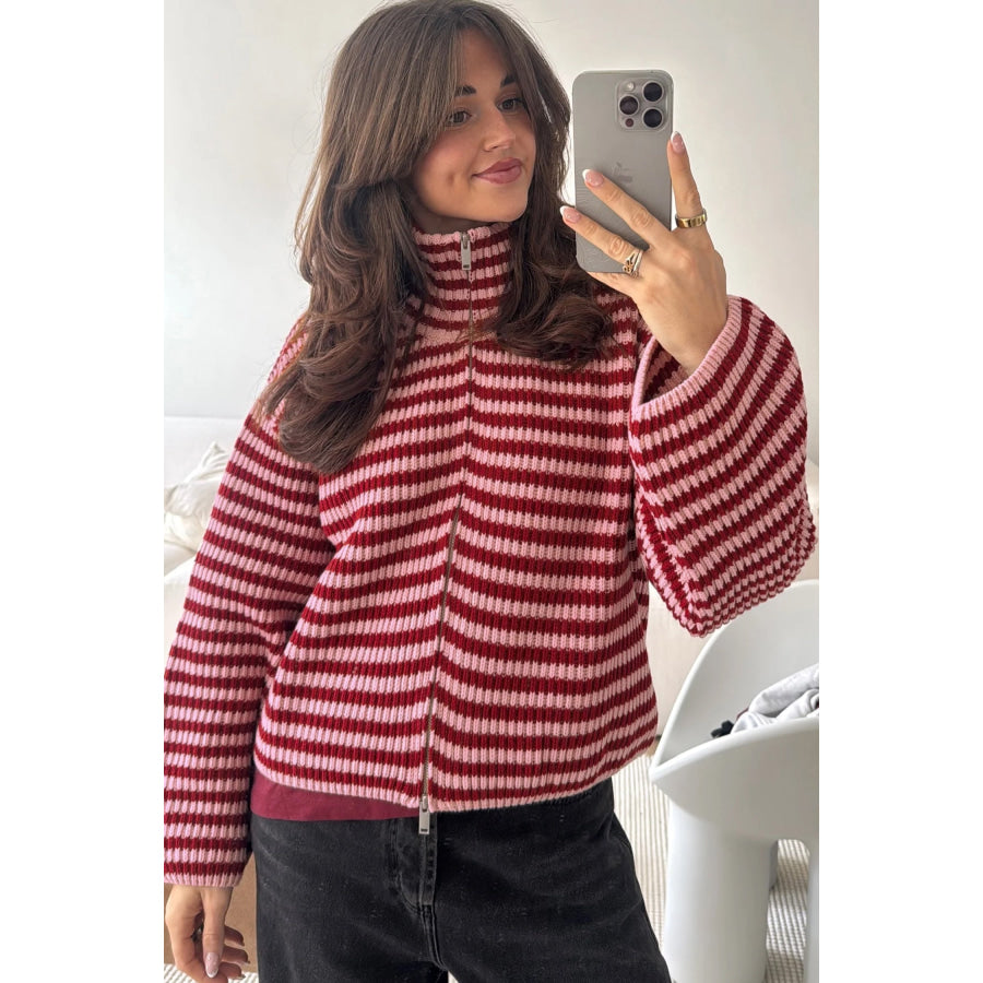 Red Stripe Striped High Neck Zip-up Sweater Long Sleeve Casual Fit Drop Shoulder Open Front Cardigan Sweaters & Cardigans/Sweaters
