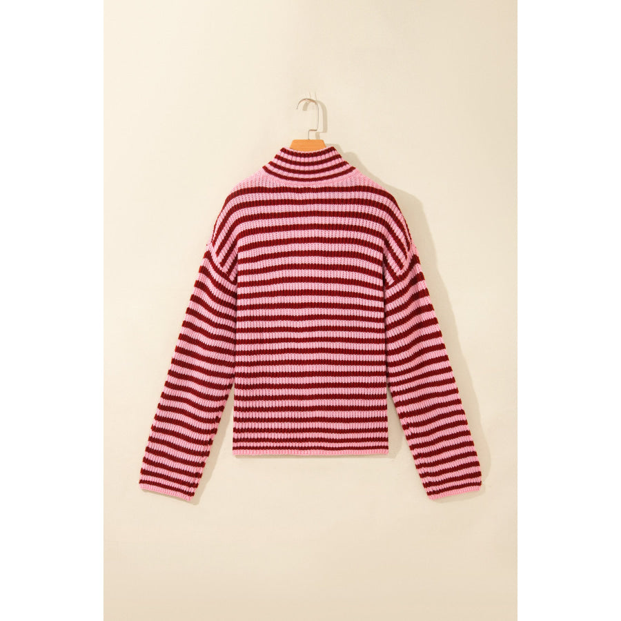 Red Stripe Striped High Neck Zip-up Sweater Long Sleeve Casual Fit Drop Shoulder Open Front Cardigan Sweaters & Cardigans/Sweaters