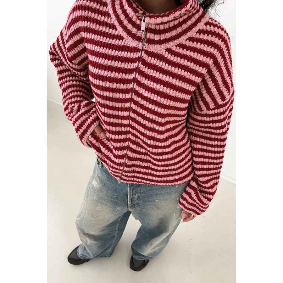 Red Stripe Striped High Neck Zip-up Sweater Long Sleeve Casual Fit Drop Shoulder Open Front Cardigan Sweaters & Cardigans/Sweaters