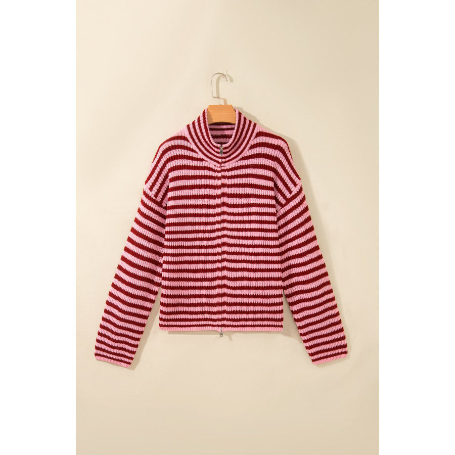 Red Stripe Striped High Neck Zip-up Sweater Long Sleeve Casual Fit Drop Shoulder Open Front Cardigan Sweaters & Cardigans/Sweaters