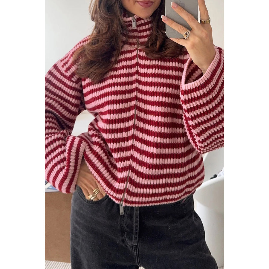 Red Stripe Striped High Neck Zip-up Sweater Long Sleeve Casual Fit Drop Shoulder Open Front Cardigan Sweaters & Cardigans/Sweaters
