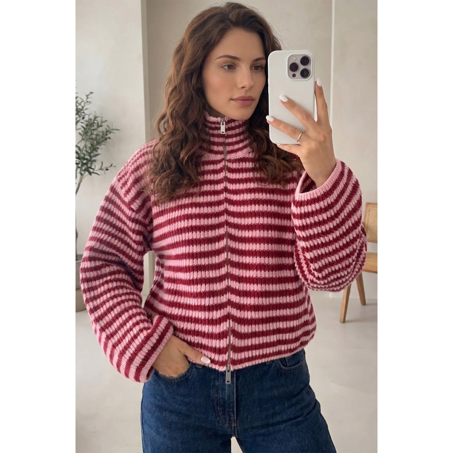 Red Stripe Striped High Neck Zip-up Sweater Long Sleeve Casual Fit Drop Shoulder Open Front Cardigan Sweaters & Cardigans/Sweaters