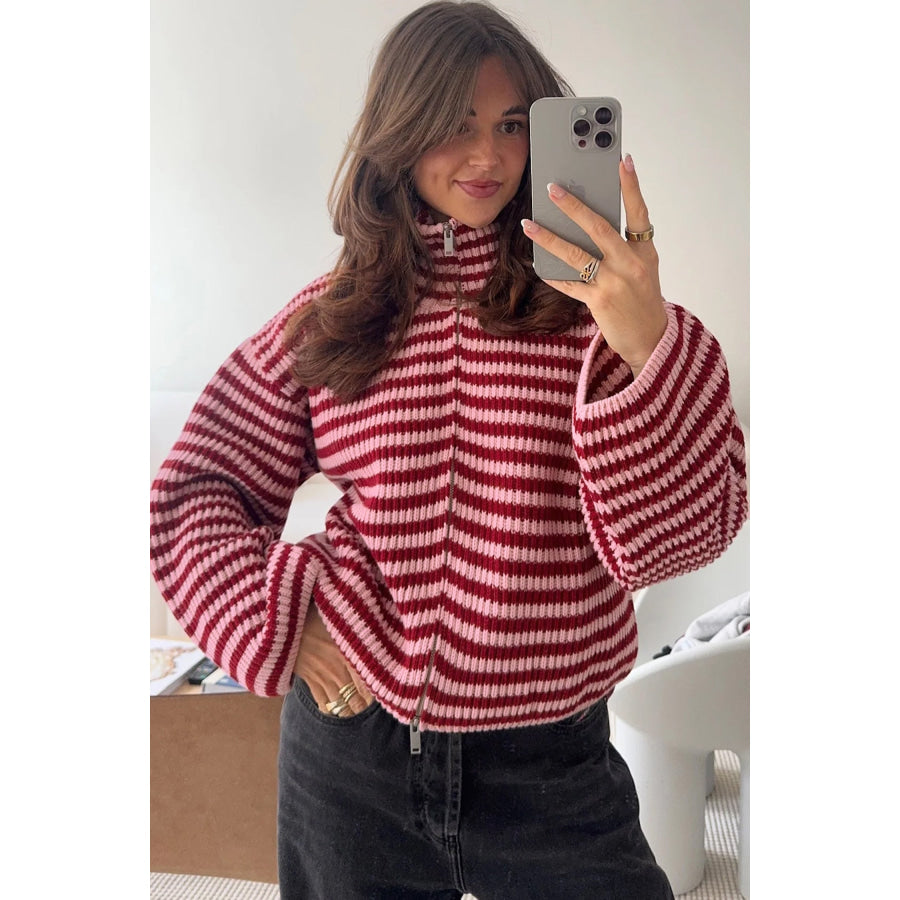 Red Stripe Striped High Neck Zip-up Sweater Long Sleeve Casual Fit Drop Shoulder Open Front Cardigan Sweaters & Cardigans/Sweaters