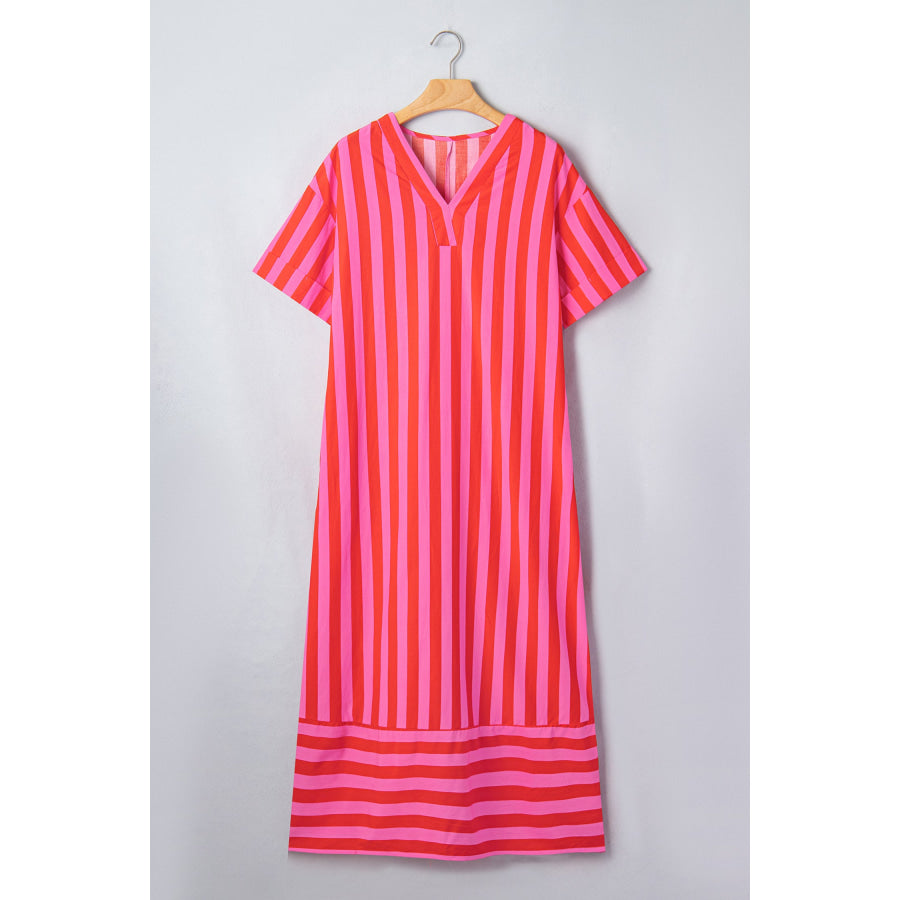 Red Stripe V Neck Cuffed Sleeve Relaxed Split Midi Dress Dresses/Midi Dresses