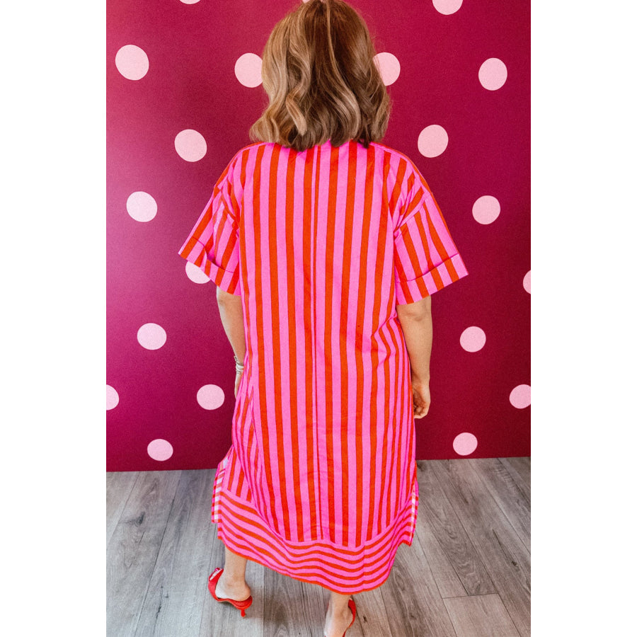 Red Stripe V Neck Cuffed Sleeve Relaxed Split Midi Dress Dresses/Midi Dresses