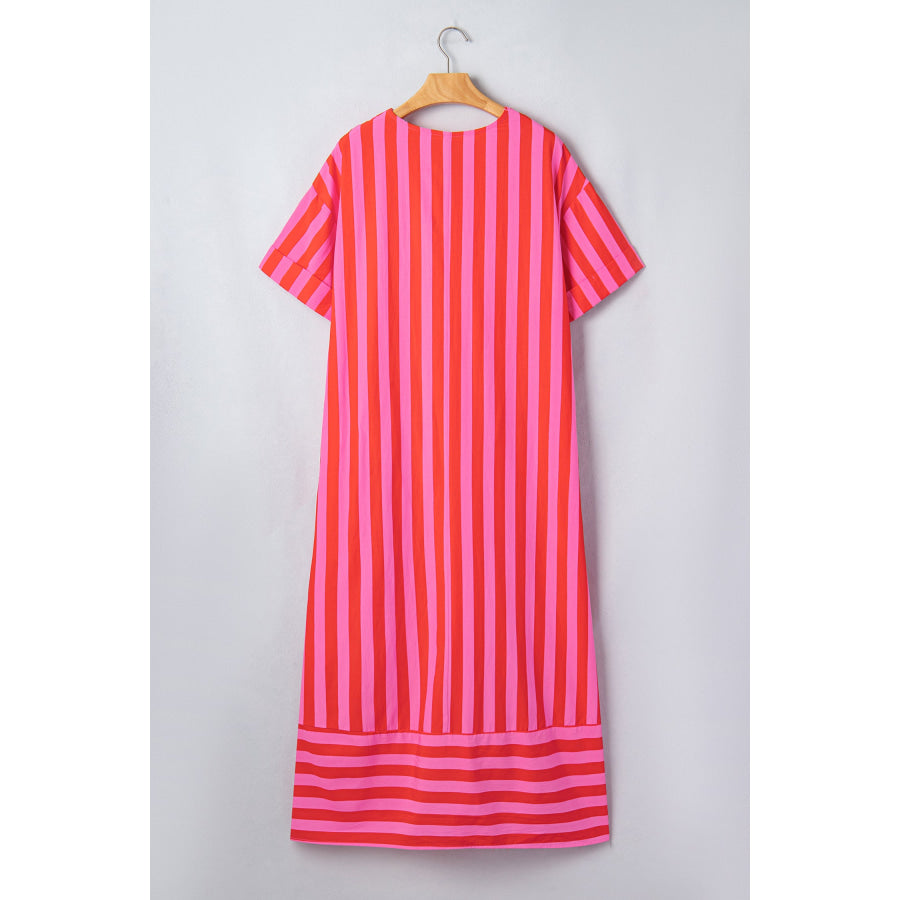 Red Stripe V Neck Cuffed Sleeve Relaxed Split Midi Dress Dresses/Midi Dresses