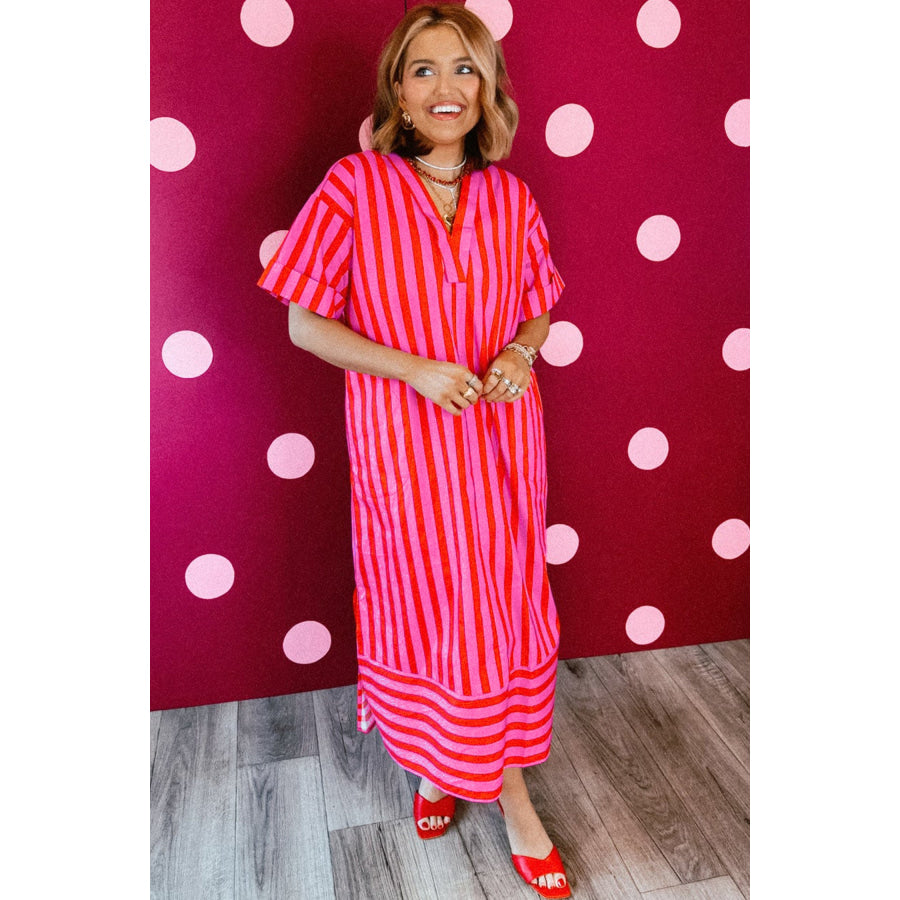 Red Stripe V Neck Cuffed Sleeve Relaxed Split Midi Dress Dresses/Midi Dresses