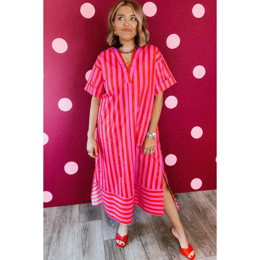 Red Stripe V Neck Cuffed Sleeve Relaxed Split Midi Dress Dresses/Midi Dresses