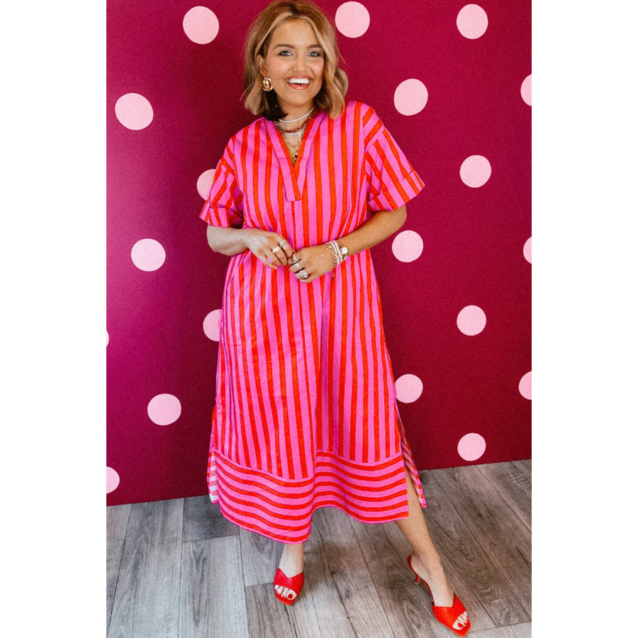 Red Stripe V Neck Cuffed Sleeve Relaxed Split Midi Dress Dresses/Midi Dresses