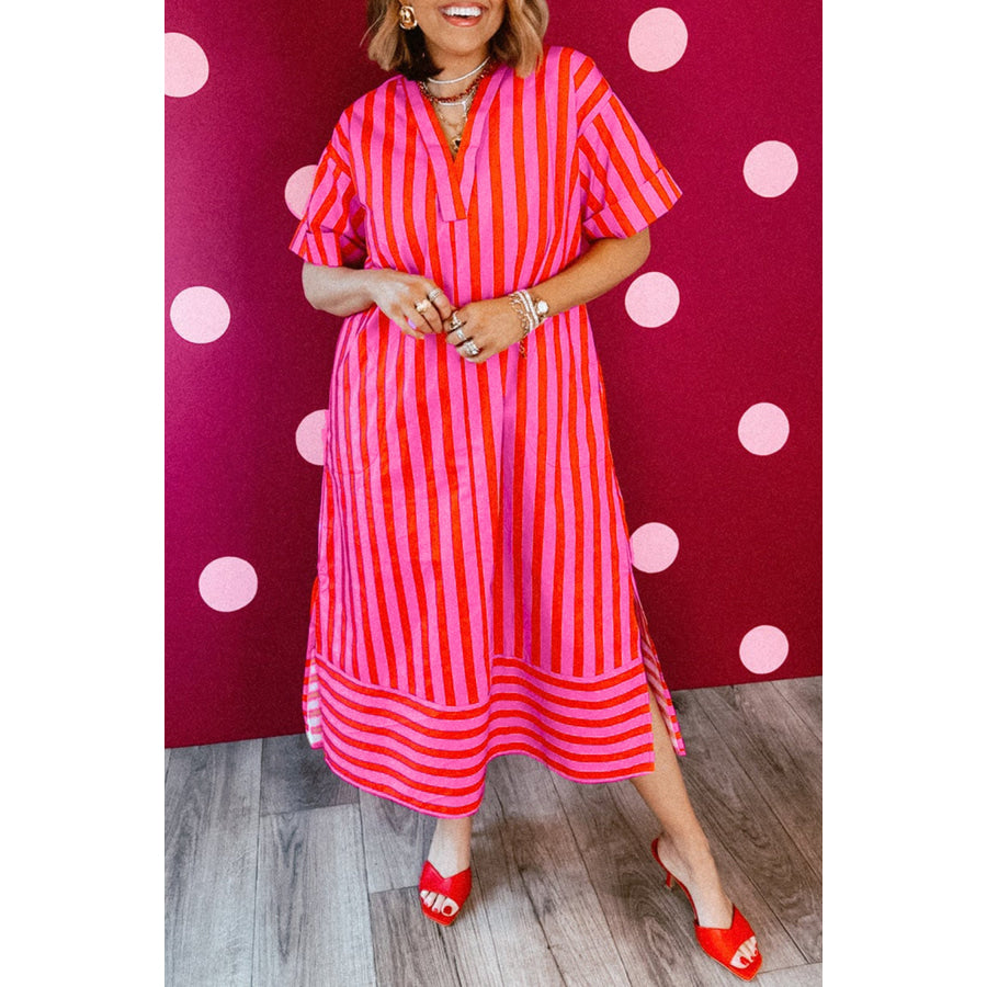 Red Stripe V Neck Cuffed Sleeve Relaxed Split Midi Dress Red Stripe / S / 55% Cotton + 45% Viscose Dresses/Midi Dresses