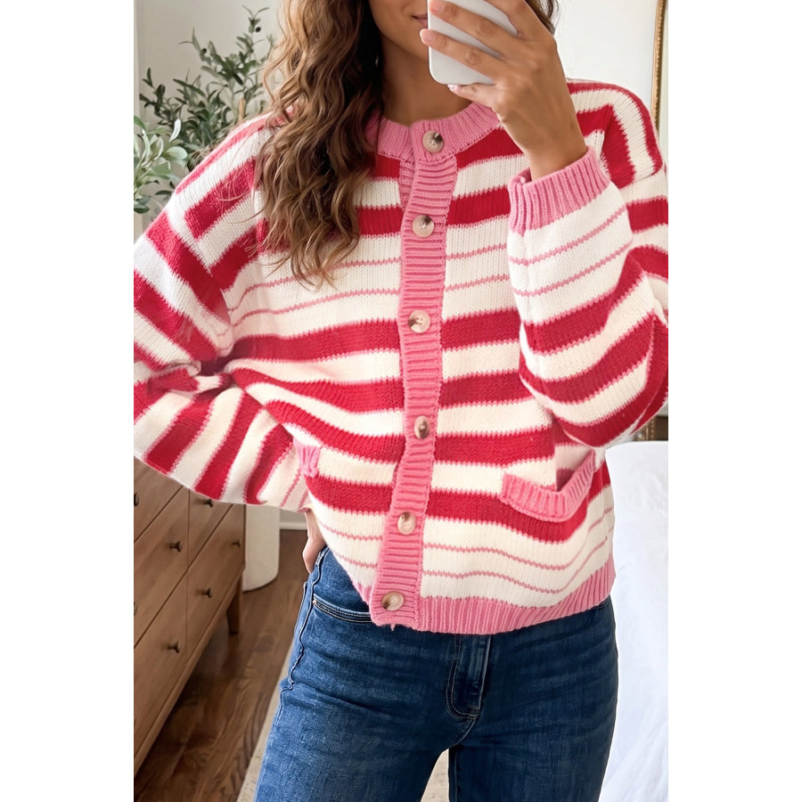 Red Stripe V Neck Long Sleeve Regular Fit Cardigan Red Stripe / S Sweaters & Cardigans/Cardigans