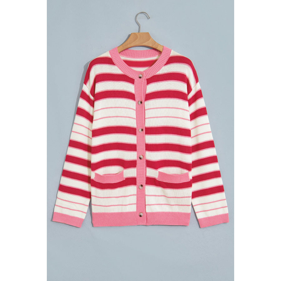 Red Stripe V Neck Long Sleeve Regular Fit Cardigan Sweaters & Cardigans/Cardigans