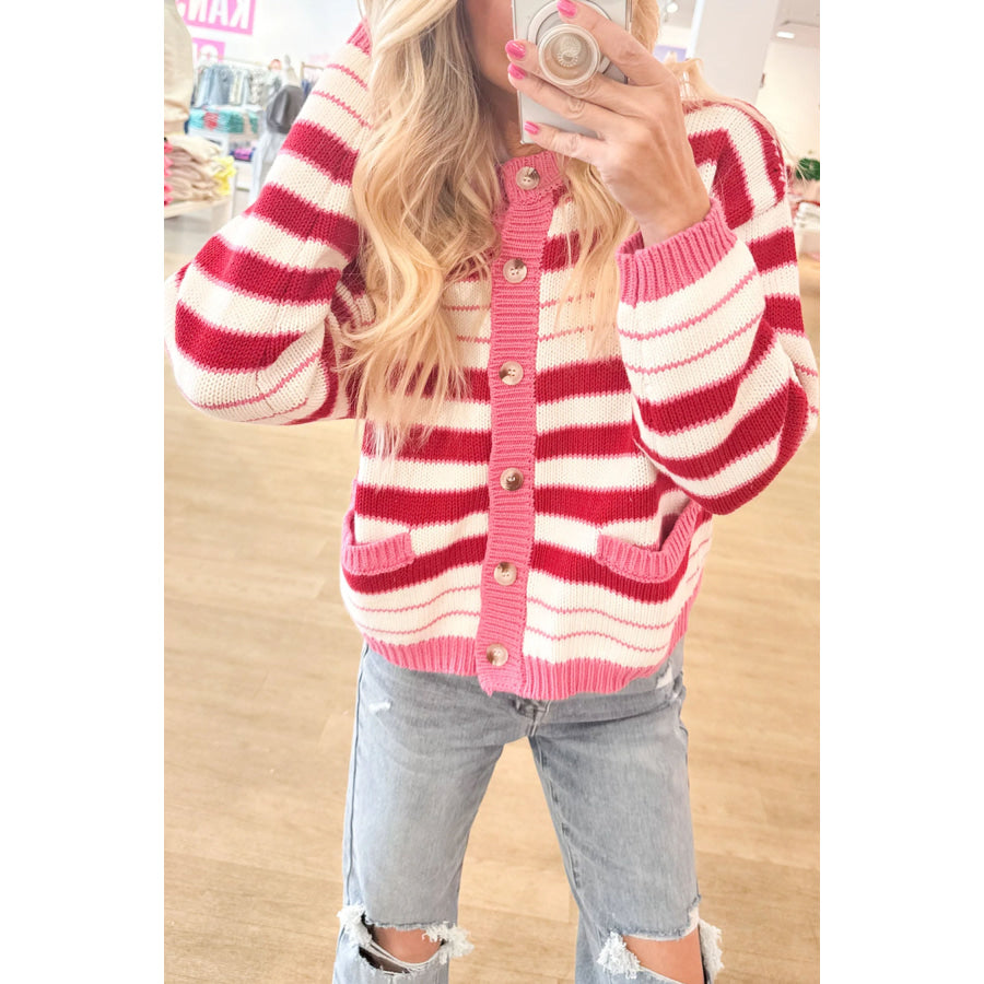 Red Stripe V Neck Long Sleeve Regular Fit Cardigan Sweaters & Cardigans/Cardigans