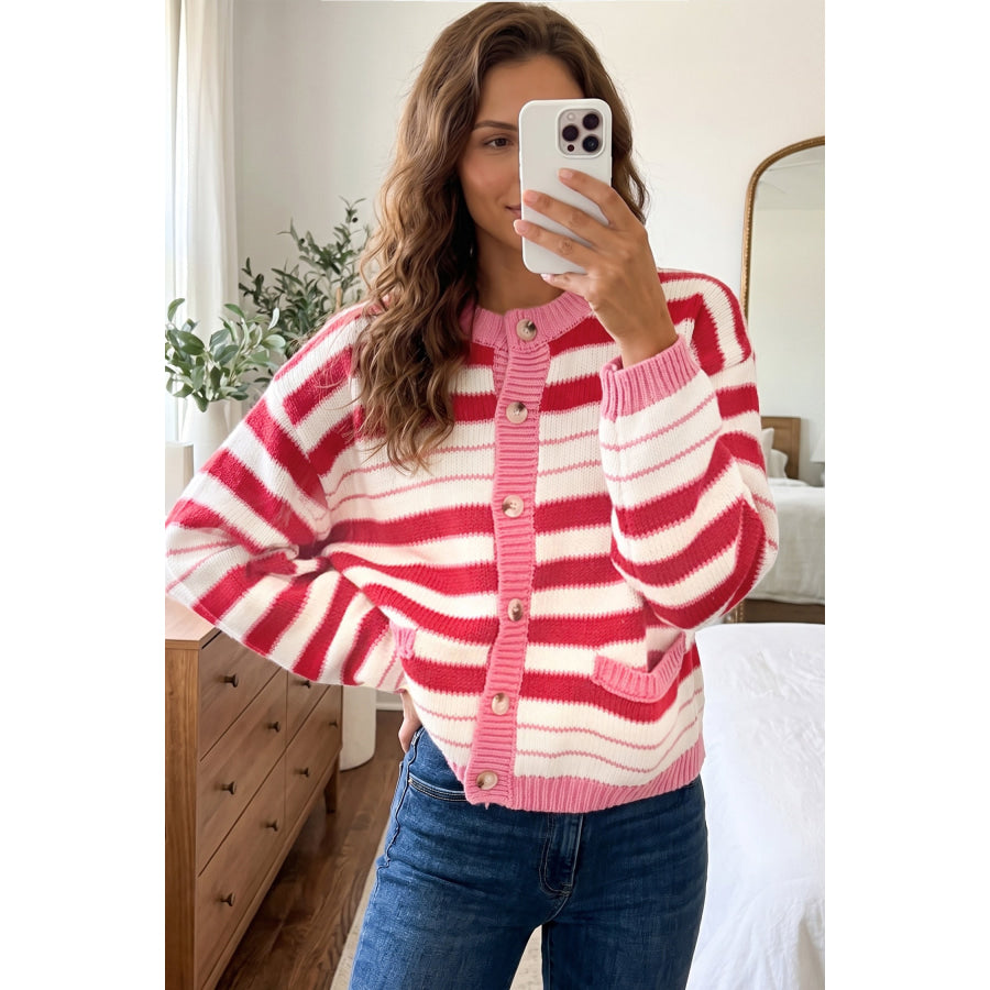Red Stripe V Neck Long Sleeve Regular Fit Cardigan Sweaters & Cardigans/Cardigans