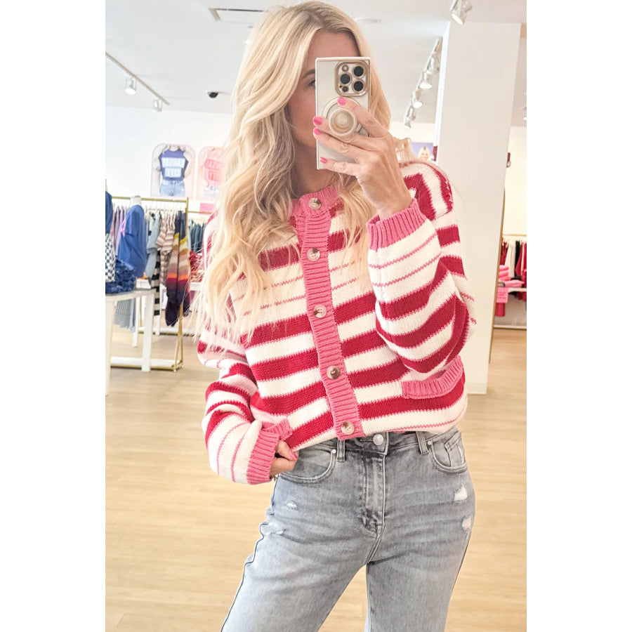 Red Stripe V Neck Long Sleeve Regular Fit Cardigan Sweaters & Cardigans/Cardigans