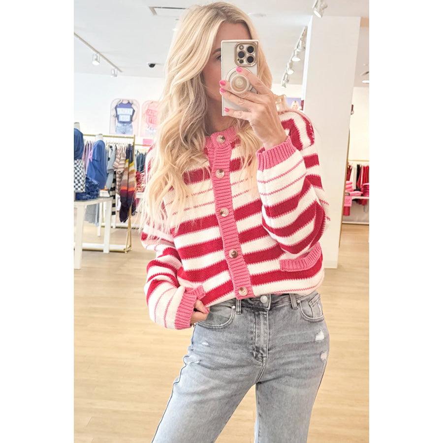 Red Stripe V Neck Long Sleeve Regular Fit Cardigan Sweaters & Cardigans/Cardigans