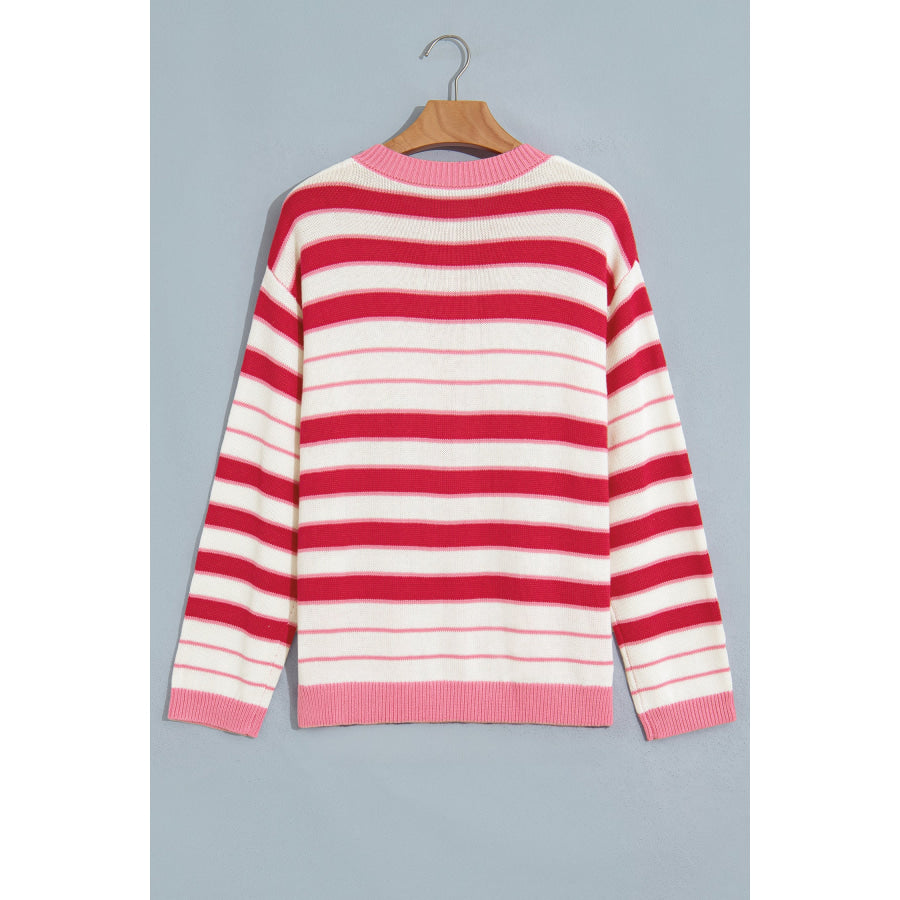 Red Stripe V Neck Long Sleeve Regular Fit Cardigan Sweaters & Cardigans/Cardigans