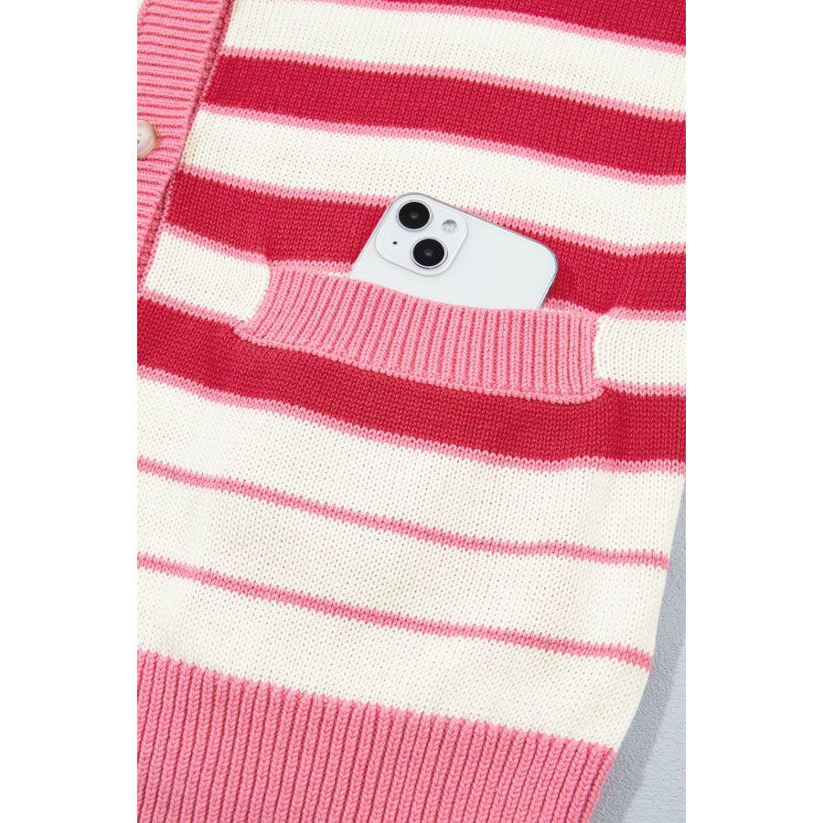 Red Stripe V Neck Long Sleeve Regular Fit Cardigan Sweaters & Cardigans/Cardigans
