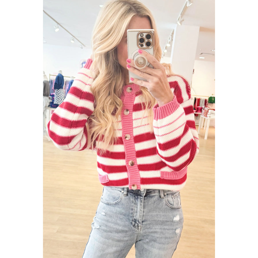 Red Stripe V Neck Long Sleeve Regular Fit Cardigan Sweaters & Cardigans/Cardigans