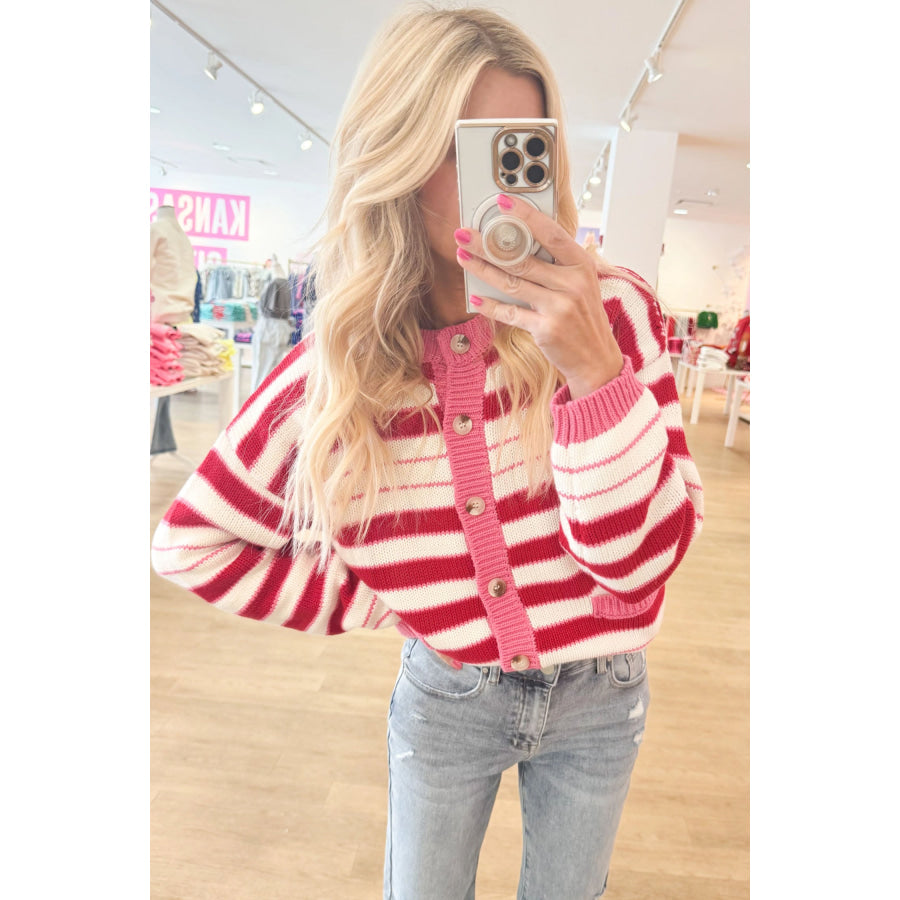 Red Stripe V Neck Long Sleeve Regular Fit Cardigan Sweaters & Cardigans/Cardigans