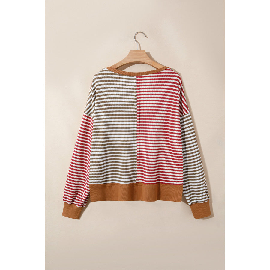 Red Striped Colorblock V Neck Long Sleeve Top Tops/Long Tops
