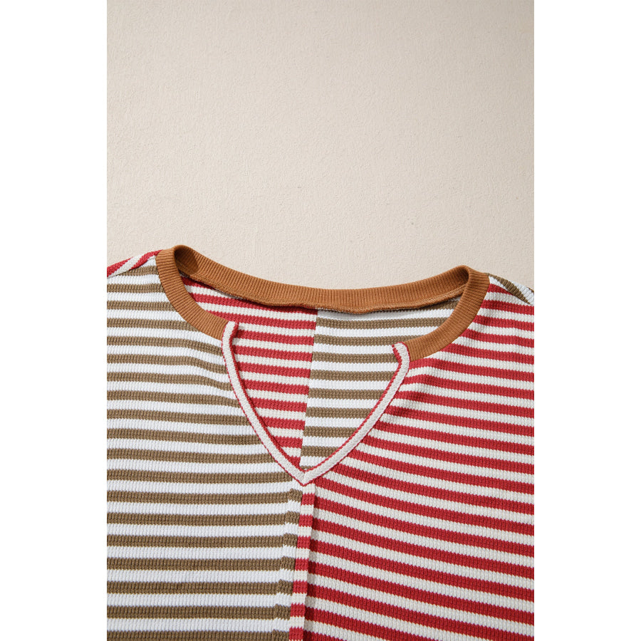 Red Striped Colorblock V Neck Long Sleeve Top Tops/Long Tops