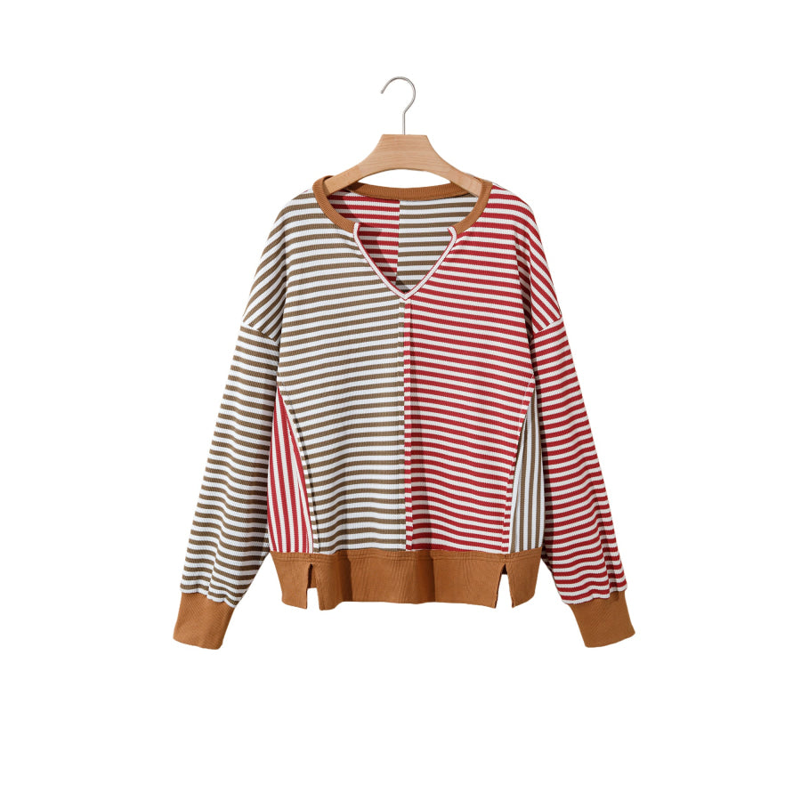 Red Striped Colorblock V Neck Long Sleeve Top Tops/Long Tops