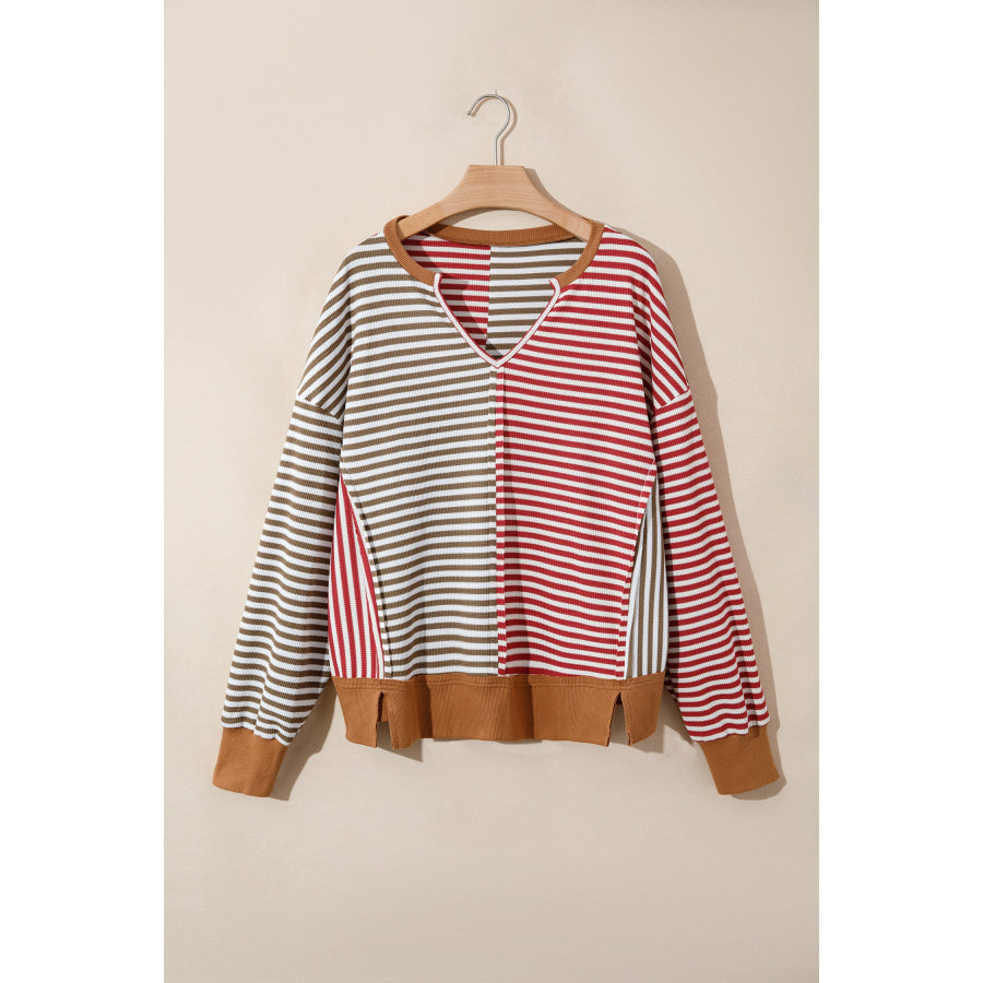 Red Striped Colorblock V Neck Long Sleeve Top Tops/Long Tops