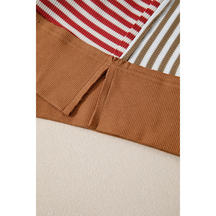 Red Striped Colorblock V Neck Long Sleeve Top Tops/Long Tops