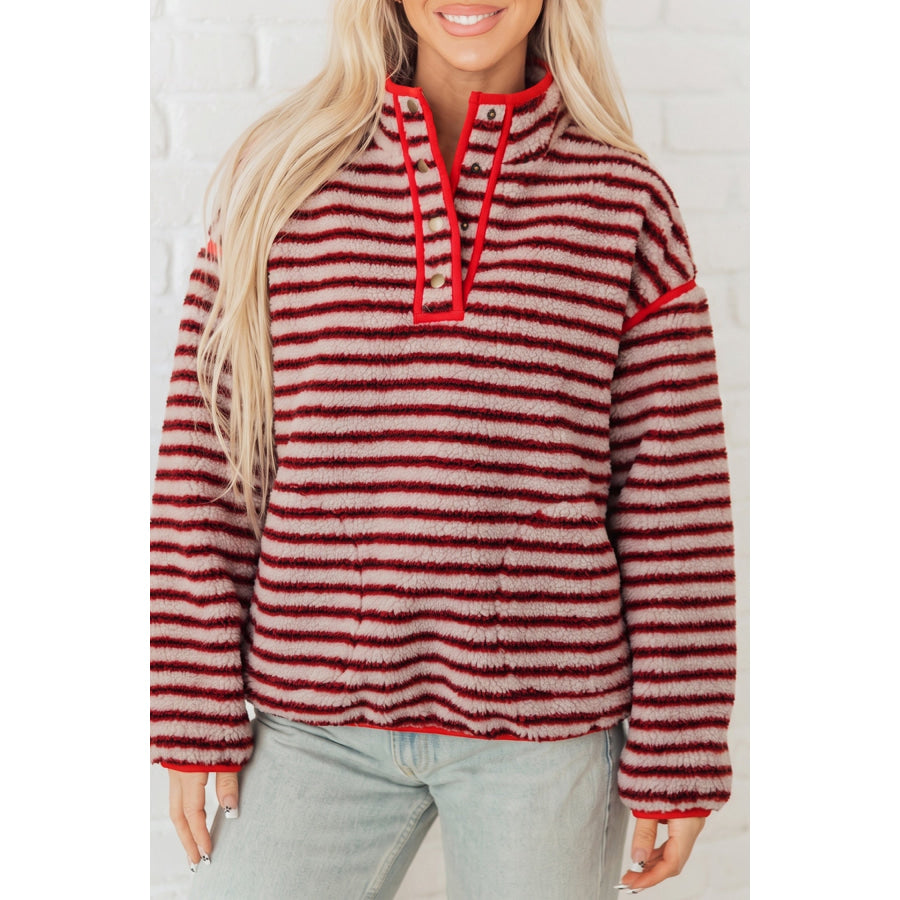 Red Striped Fuzzy Colorblock Button Placket Sweatshirt Blue Stripe / S / Shell:100% Polyester + Lining:100% Polyester Tops/Sweatshirts &