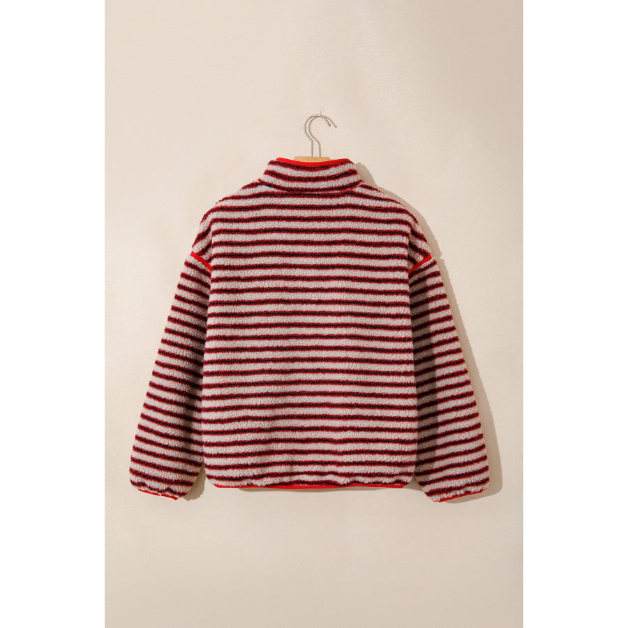 Red Striped Fuzzy Colorblock Button Placket Sweatshirt Tops/Sweatshirts & Hoodies