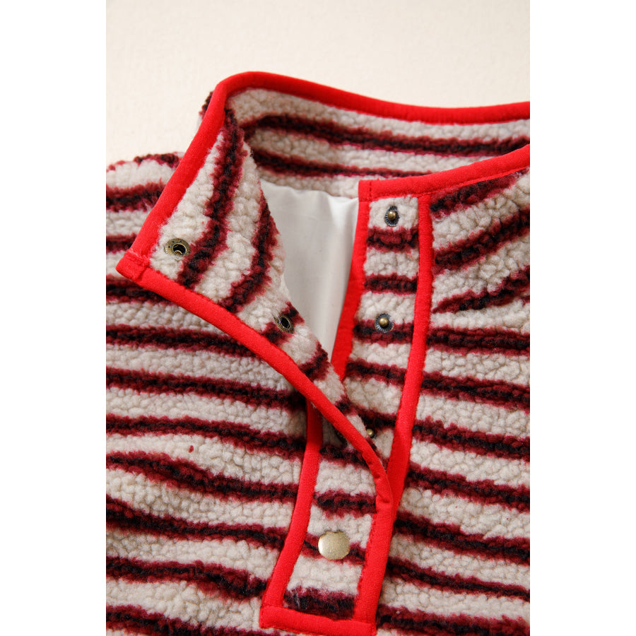 Red Striped Fuzzy Colorblock Button Placket Sweatshirt Tops/Sweatshirts & Hoodies