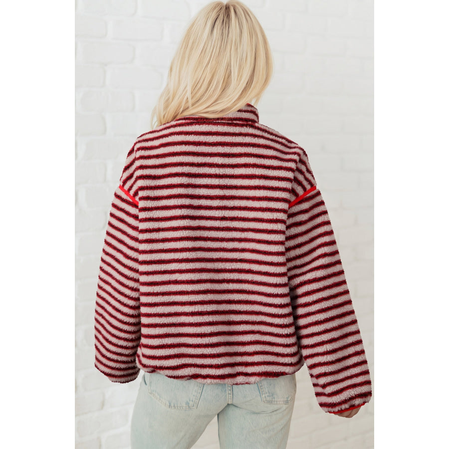 Red Striped Fuzzy Colorblock Button Placket Sweatshirt Blue Stripe / S / Shell:100% Polyester + Lining:100% Polyester Tops/Sweatshirts &