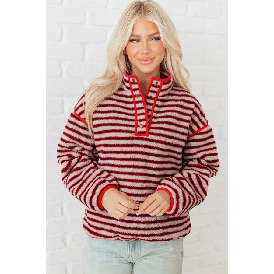 Red Striped Fuzzy Colorblock Button Placket Sweatshirt Tops/Sweatshirts & Hoodies