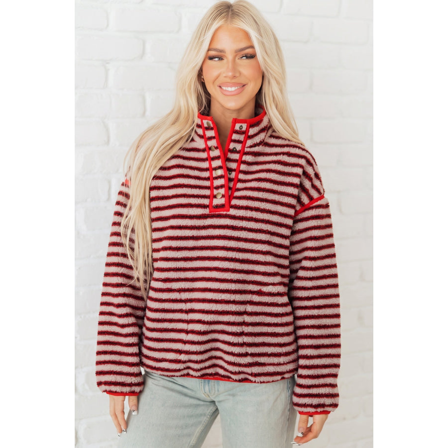 Red Striped Fuzzy Colorblock Button Placket Sweatshirt Tops/Sweatshirts & Hoodies