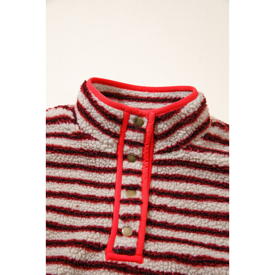 Red Striped Fuzzy Colorblock Button Placket Sweatshirt Tops/Sweatshirts & Hoodies
