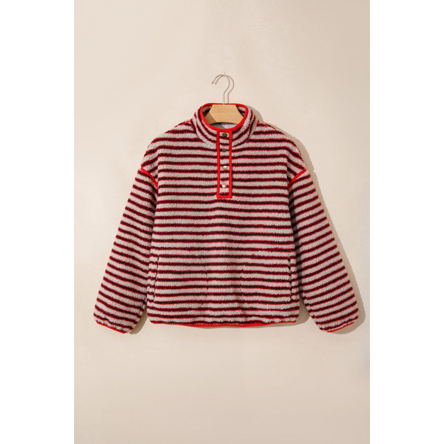 Red Striped Fuzzy Colorblock Button Placket Sweatshirt Tops/Sweatshirts & Hoodies