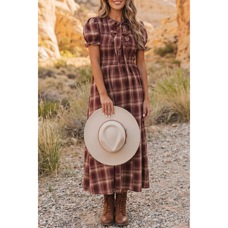Red Vintage Plaid Knot Front Smocked High Waist Midi Dress Dresses/Midi Dresses