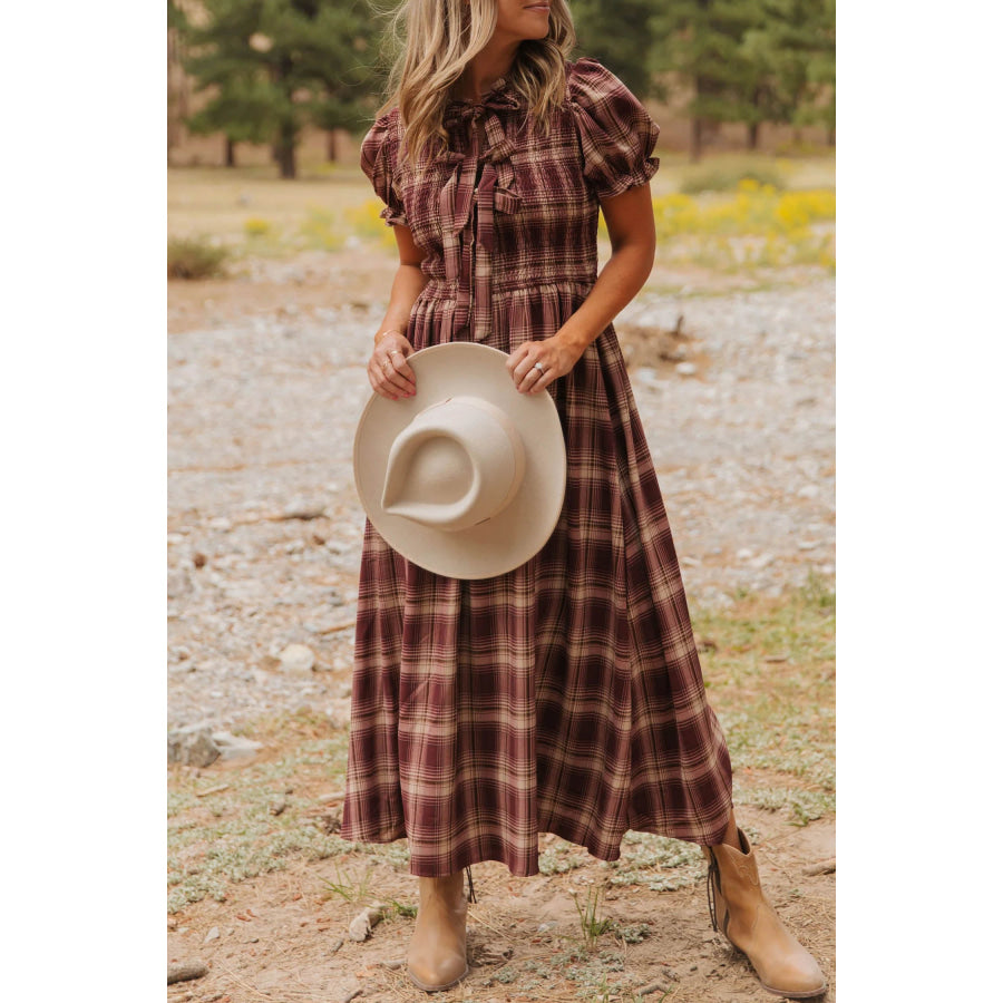 Red Vintage Plaid Knot Front Smocked High Waist Midi Dress Dresses/Midi Dresses