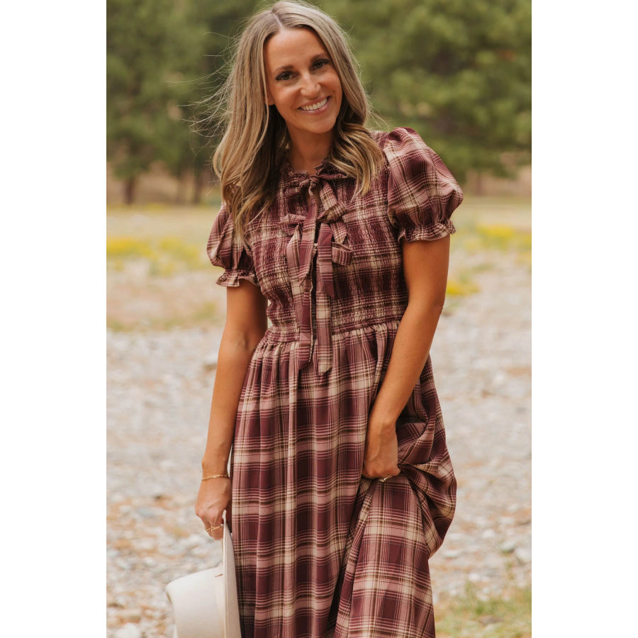 Red Vintage Plaid Knot Front Smocked High Waist Midi Dress Dresses/Midi Dresses