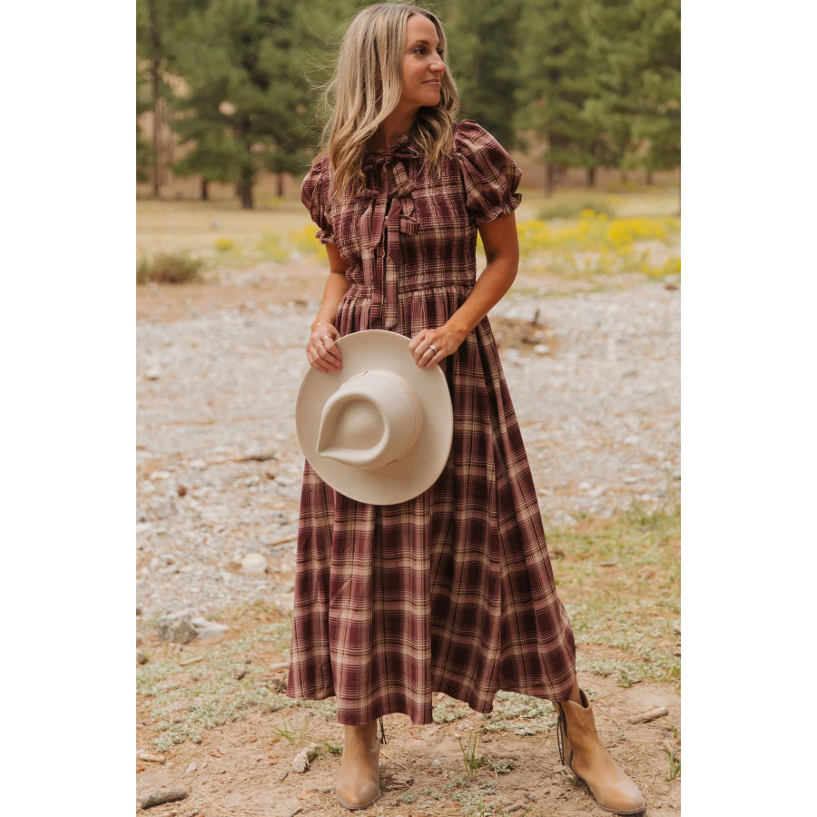 Red Vintage Plaid Knot Front Smocked High Waist Midi Dress Dresses/Midi Dresses
