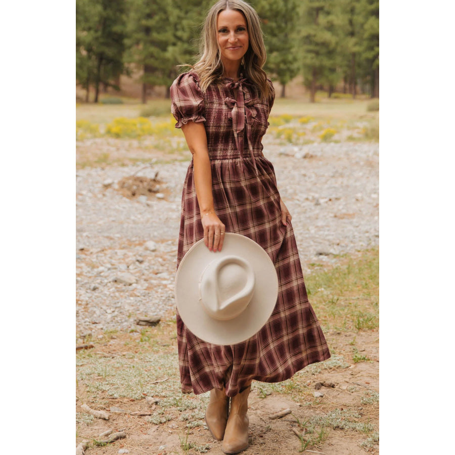 Red Vintage Plaid Knot Front Smocked High Waist Midi Dress Dresses/Midi Dresses